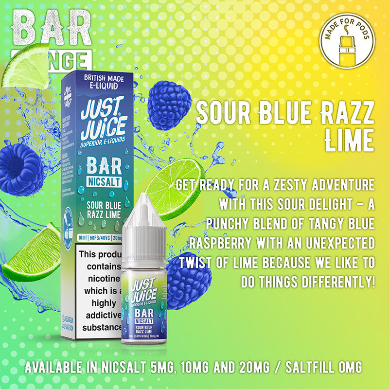 Just Juice Bar Range Sour Blue Razz Lime 10ml Nic Salt E-Liquid